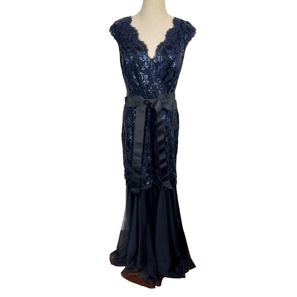 Tadashi Shoji Sequin and Tulle Lace Mermaid Gown Ribbon Tie in Navy 3T1430LX - Picture 2 of 9